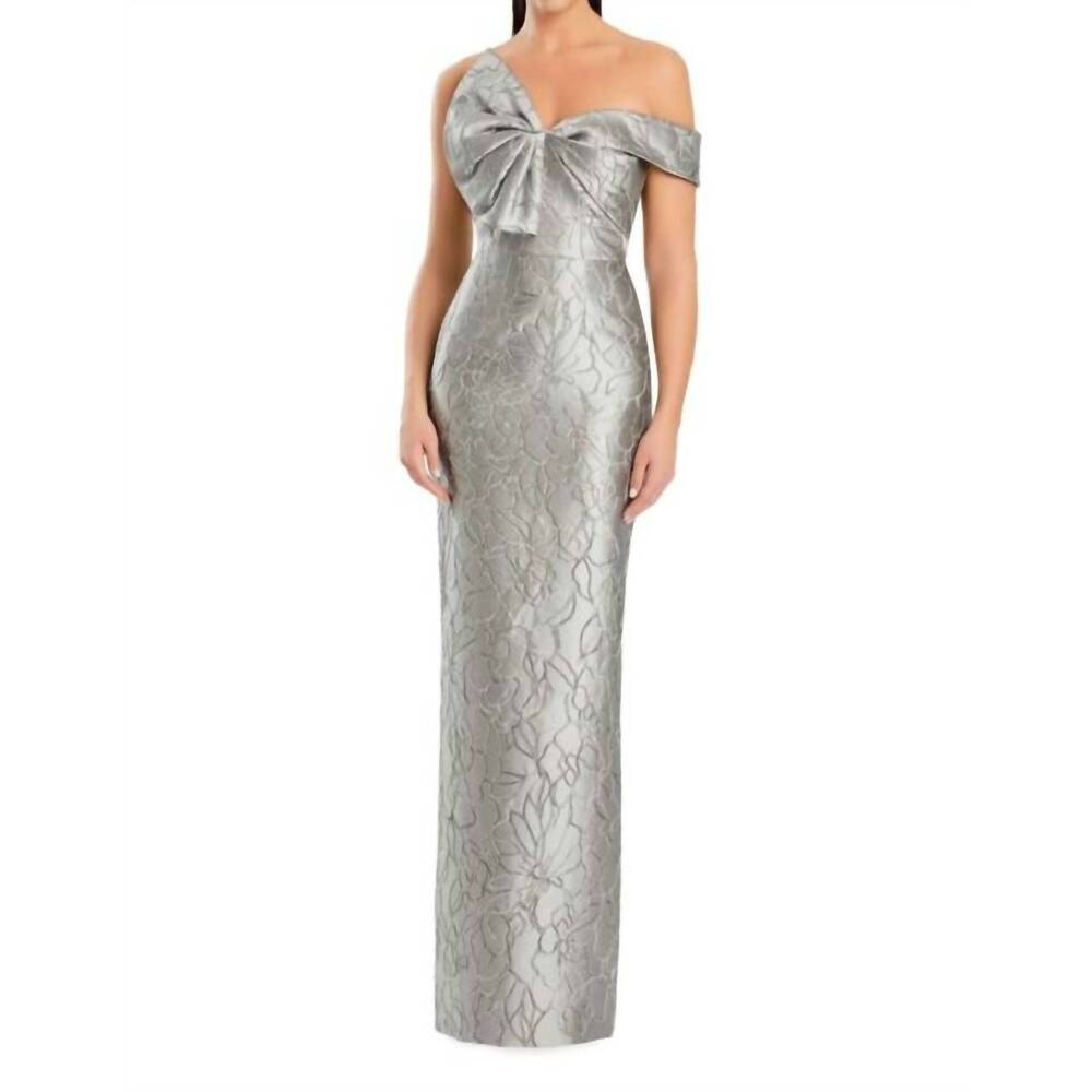NEW DAYMOR back slit one-shoulder bow dress in taupe/gold
